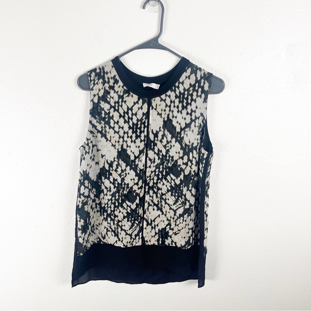 VINCE 100% Silk Basketweave Print Macadamia Black Double Layer Shell Top Medium